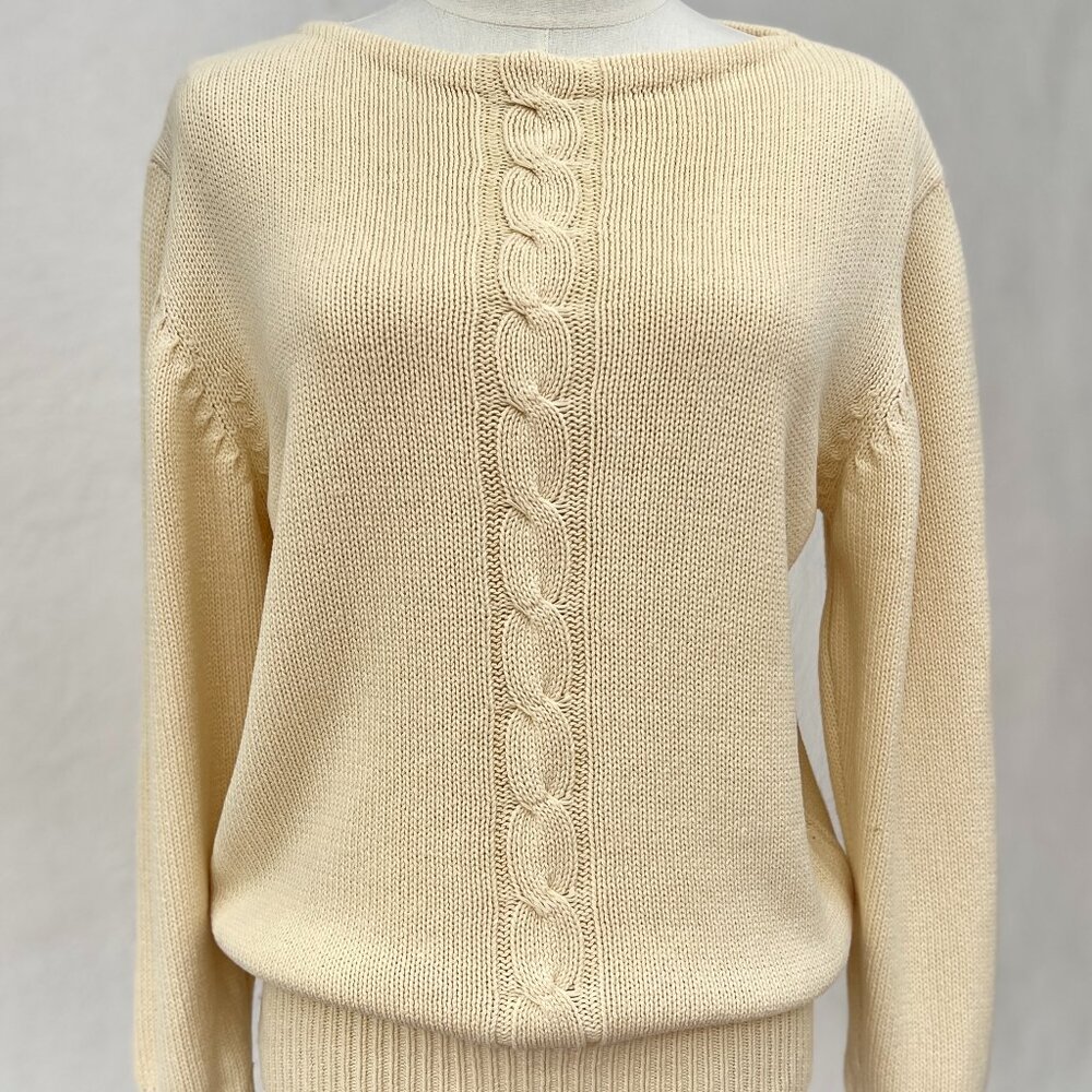 Vintage 90s Actif 100% Cotton Cable Knit Lightweight Cream Sweater Size Large
